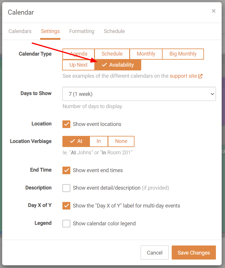 "Availability" Calendar Block Settings Option