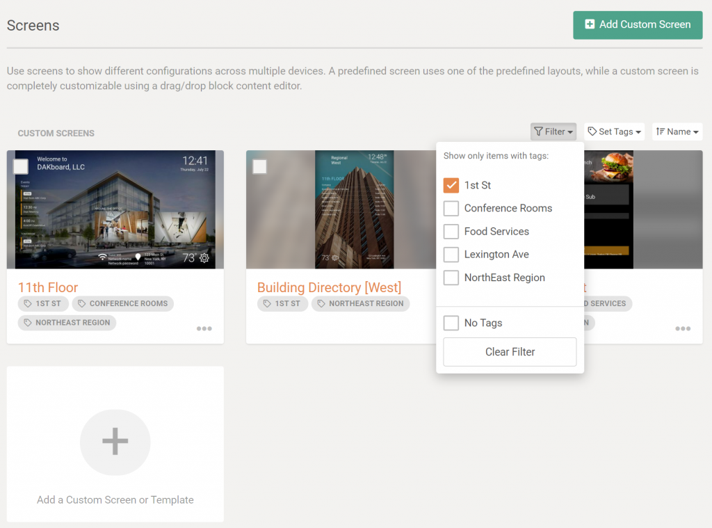 Example Image of filter DAKboard screens listing by custom tags