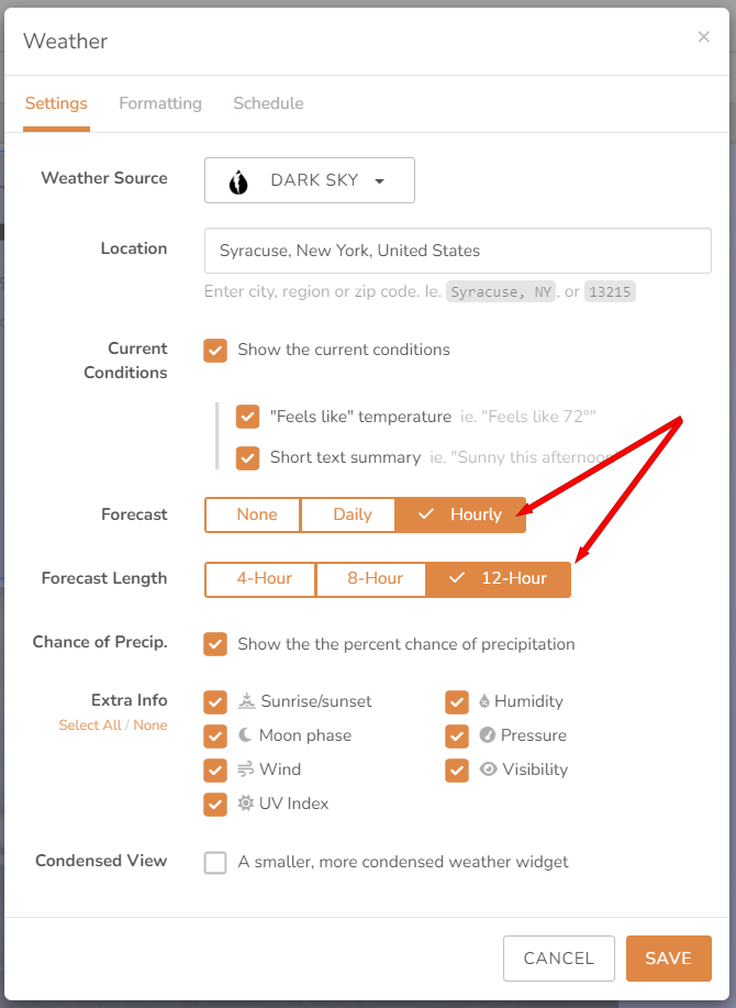 Photo of Configuration Modal for Hourly Weather Block