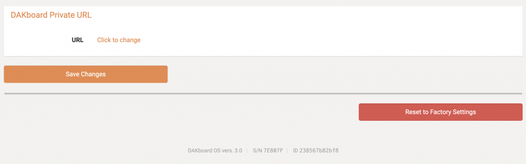 Screenshot of "Reset to Factory Settings" button at the bottom of DAK OS Settings page