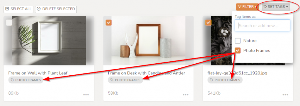 Screenshot of "Set Tags" in Media Library photo management page