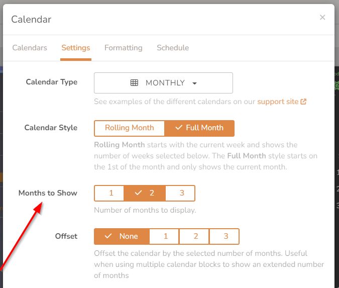 Screenshot of Monthly Calendar block settings that now includes a "Months to Show" option