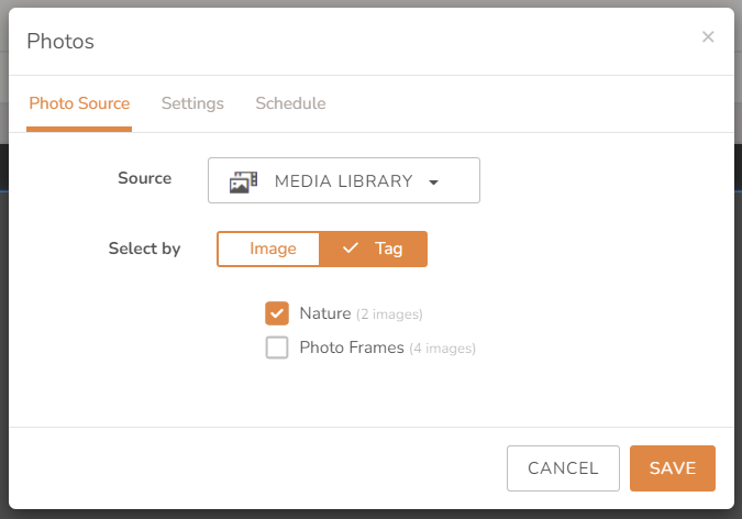 Screenshot of Media Library Photos block, with "Select by Tag" option shown.