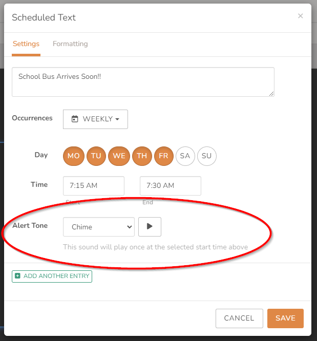 Scheduled Text Block - Audio Alert Configuration Setting