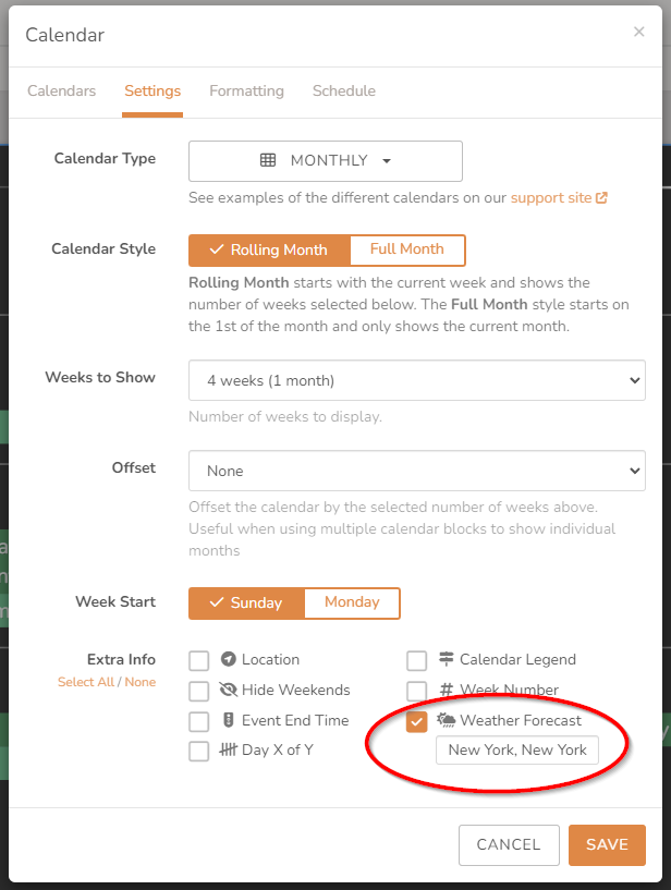 Weather Forecast Setting on Calendar Block