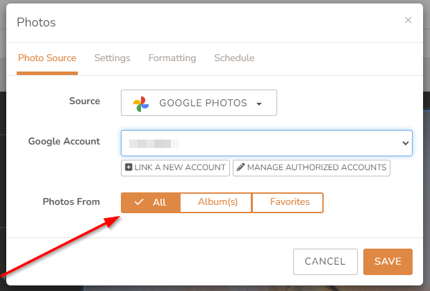 Screenshot of Google Photos block configuration settings, highlighting the "Photos from All Albums" option.