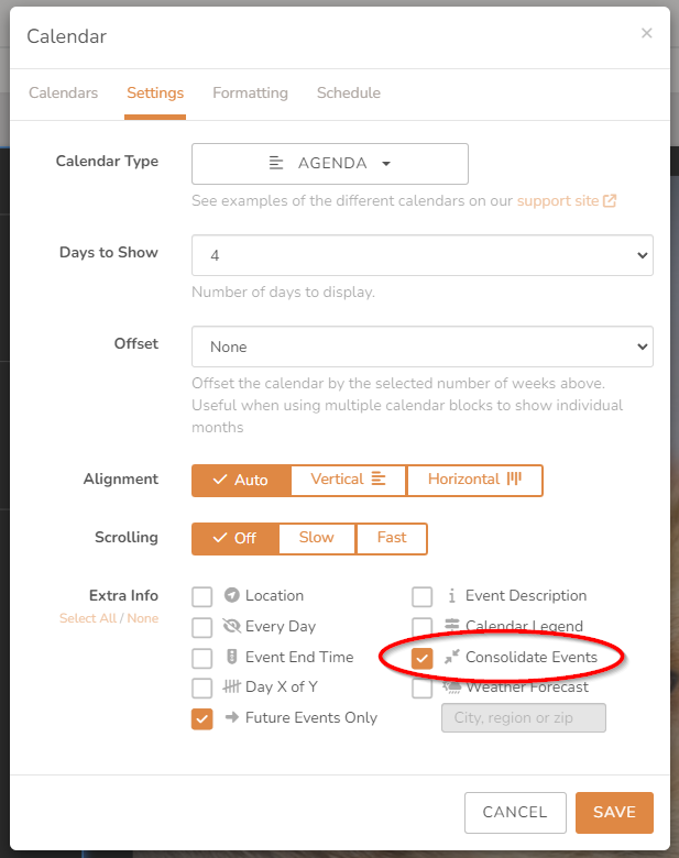 Screenshot of the Calendar configurations "Settings" tab, highlighting the "Consolidate Events" option in the "Extra Info" section.