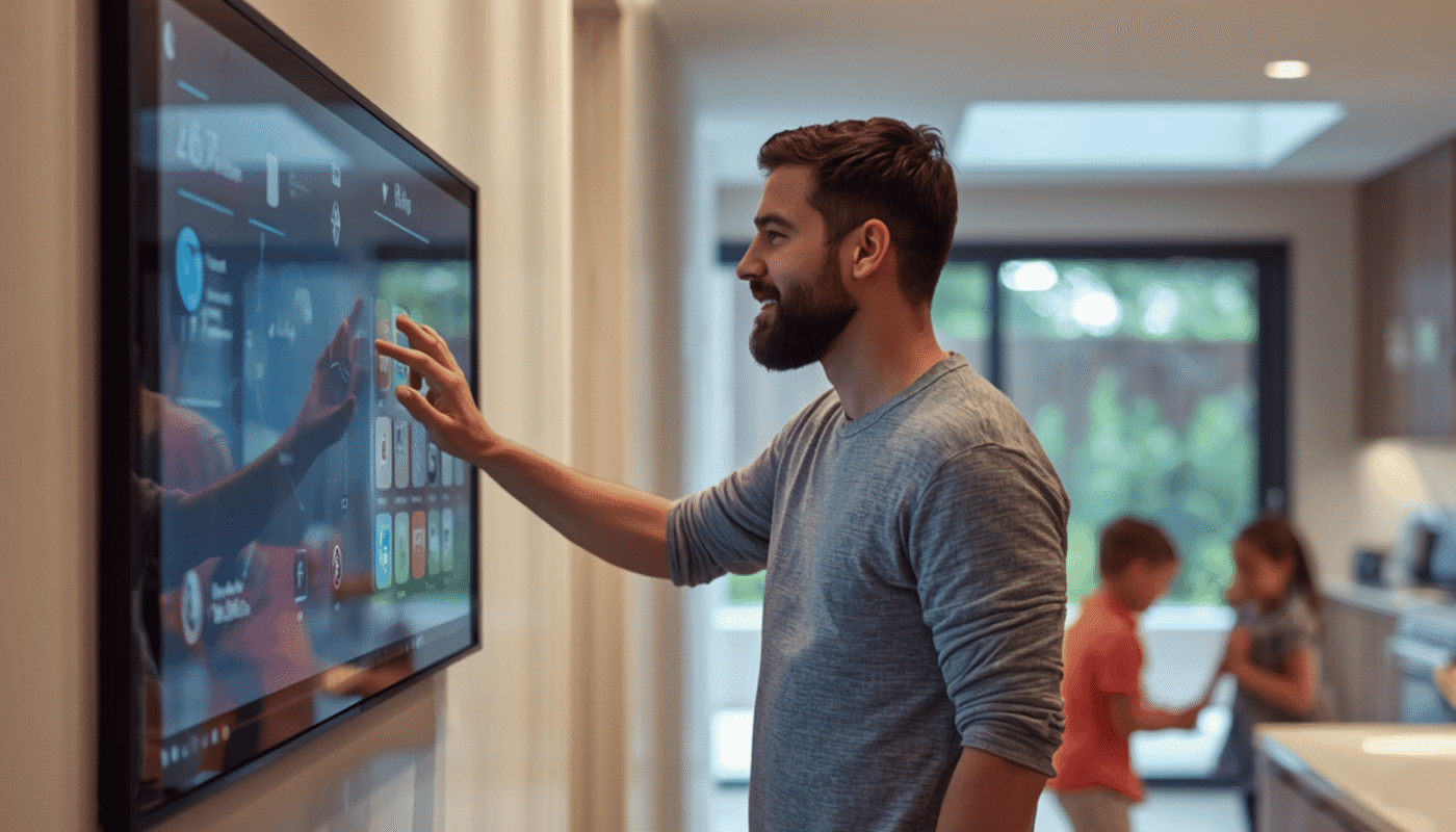 Dad with touchscreen wall display