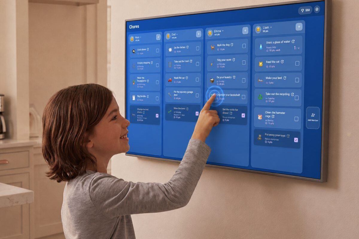Child using TouchHub chores chart on DAKboard wall display