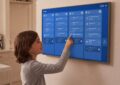 Child using TouchHub chores chart on DAKboard wall display